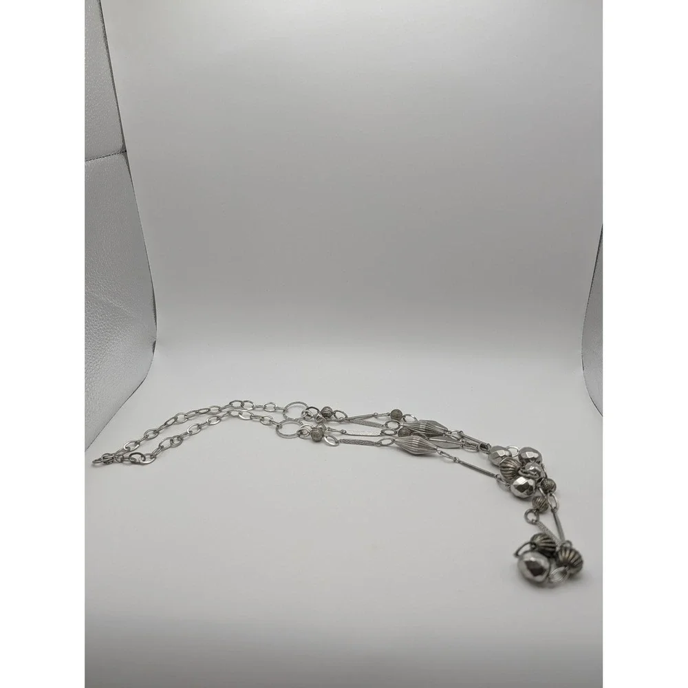 Unsigned Silver Tone Multi-Strand Long Geometric Beaded Layered Necklace 38 In
